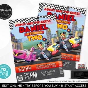 Editable Pit Crew Pass Invitation Roadster Racers Invite Mickey Mouse Race Car Birthday Party Digital Download Template Printable Corjl MRRP
