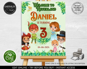 Editable Peter Pan Welcome Sign Neverland Sign Peter Pan Wendy Birthday Party Decorations Poster Board Template Corjl Download Digital PTP