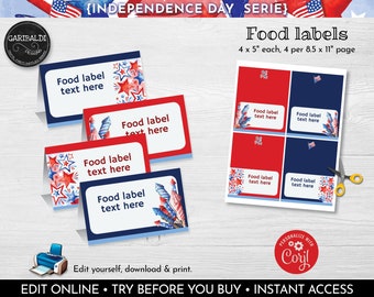 Editable 4th of July Food Labels Instant download Food Tags Printable Buffet Tent Card Red White Blue Place Cards USA Party Supplies