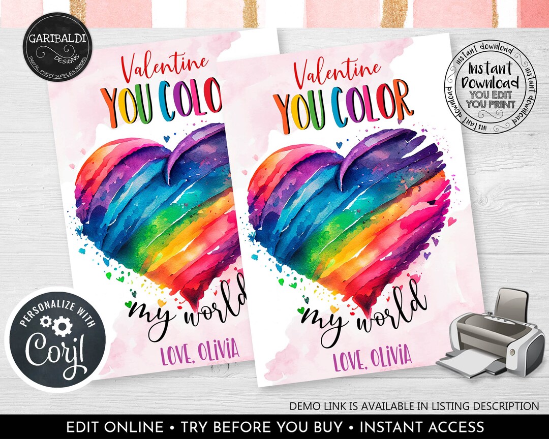 Editable Valentine's Day Card You Color My World Valentines Day Tag ...