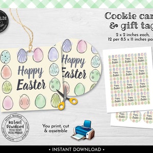 May include: Printable Easter cookie card and gift tag design featuring a watercolour illustration of pastel coloured eggs with the text "Happy Easter". The design is available as an instant download and includes 12 tags per 8.5 x 11 inch page.