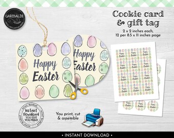 May include: Printable Easter cookie card and gift tag design featuring a watercolor illustration of pastel colored eggs with the text "Happy Easter". The design is available as an instant download and includes 12 tags per 8.5 x 11 inch page.