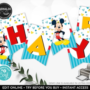 EDITABLE Mickey Mouse Banner Mickey Birthday Party Bunting Banner Fun to be one Party Supplies DIY Corjl Template Download Digital MFT1