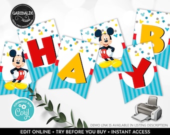 EDITABLE Mickey Mouse Banner Mickey Birthday Party Bunting Banner Fun to be one Party Supplies DIY Corjl Template Download Digital MFT1