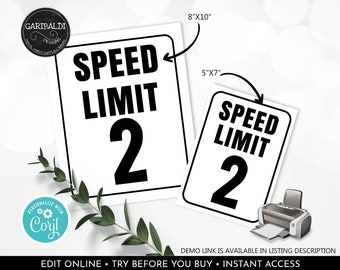 Editable Speed Limit Sign Race Car Birthday Party Sign Table Party Decor Two Fast Bday Printable Custom Digital Download Template Corjl HWRC