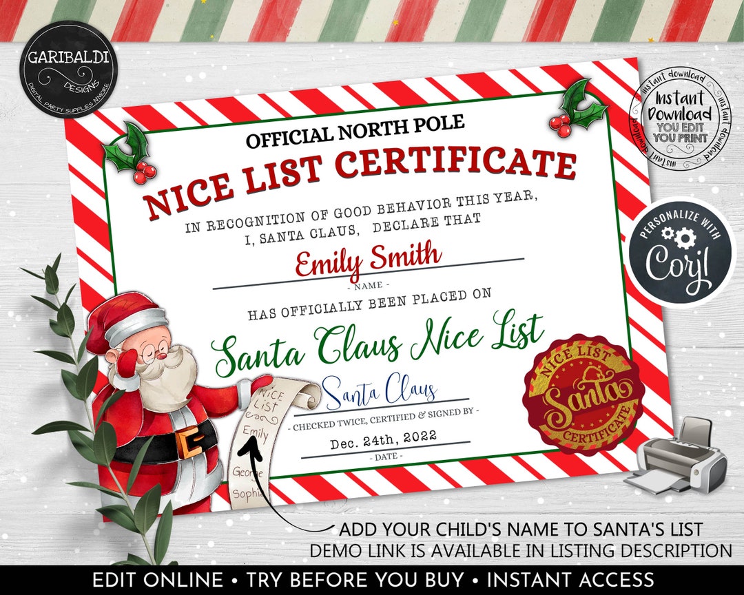 Editable Santa Claus Official Nice List Certificate Personalised Letter From North Pole Desk