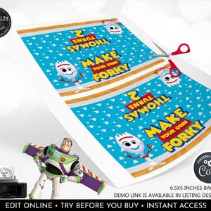 May include: A printable sheet featuring two blue bag toppers with white cloud patterns, the text "THOMAS TURNS 2" and "MAKE YOUR OWN FORKY," and a Forky character illustration. Includes a pair of red-handled scissors and a Buzz Lightyear figure.