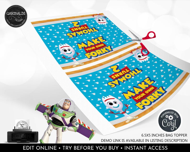 May include: A printable sheet featuring two blue bag toppers with white cloud patterns, the text "THOMAS TURNS 2" and "MAKE YOUR OWN FORKY," and a Forky character illustration. Includes a pair of red-handled scissors and a Buzz Lightyear figure.