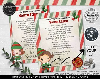 May include: Two printable Christmas elf note cards with red and white candy cane stripes. The cards feature a cartoon elf with a green hat and a message from Santa Claus. The text on the cards reads "From the Official Desk of Santa Claus".
