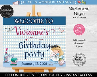 Editable Alice in Wonderland Welcome Sign Instant Download Alice in ONEderland Welcome Board Alice in Wonderland Party Decorations 01 AWL