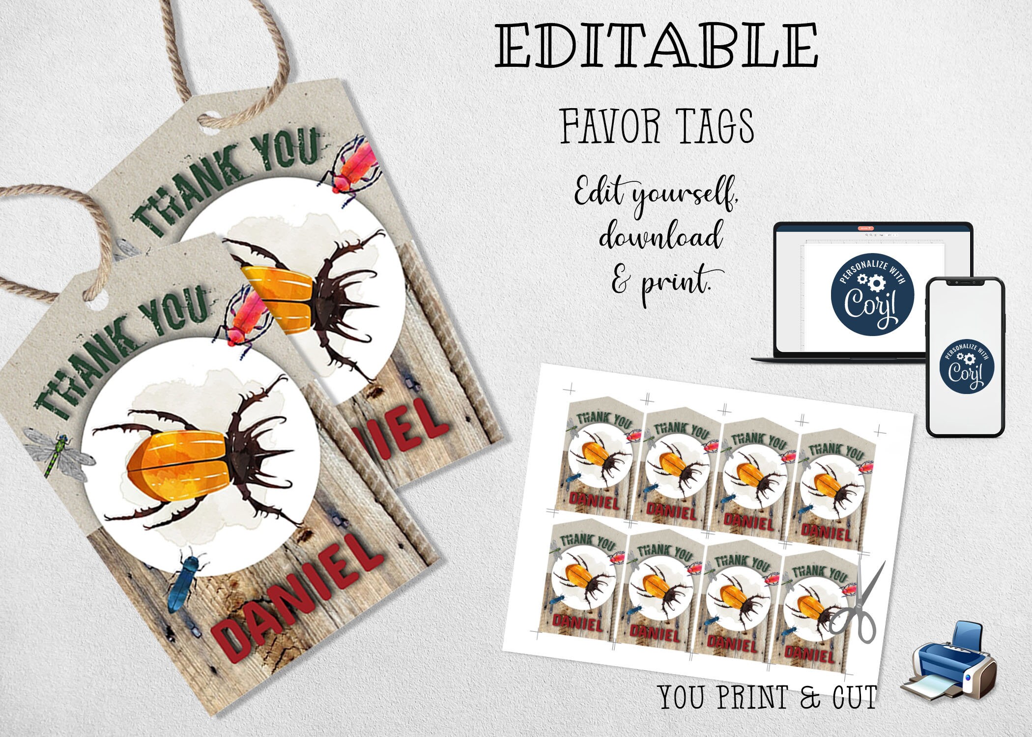 Editable Insects Favor Tag, Insects Gift Tag, Bugs Party Favor Tag, Insect Sticker, Instant Download Insect Favor Tags Template, BGS01