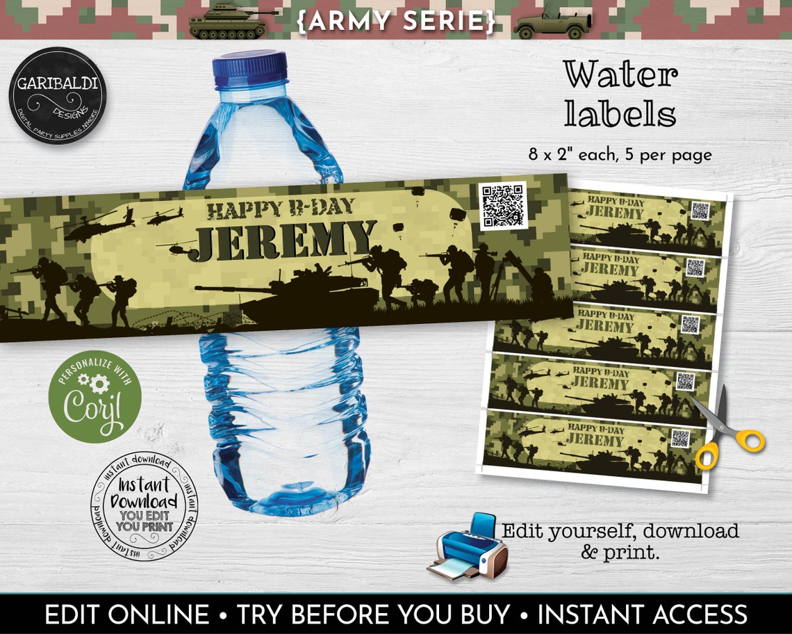Editable Soldier Water Bottle Labels Printable Camouflage Etsy
