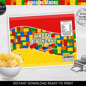 Printable Building Blocks HAPPY BIRTHDAY Chip Bags Building Blocks Chip bags Building Blocks Party Supplies Building Blocks Favors BKBC afbeelding 2