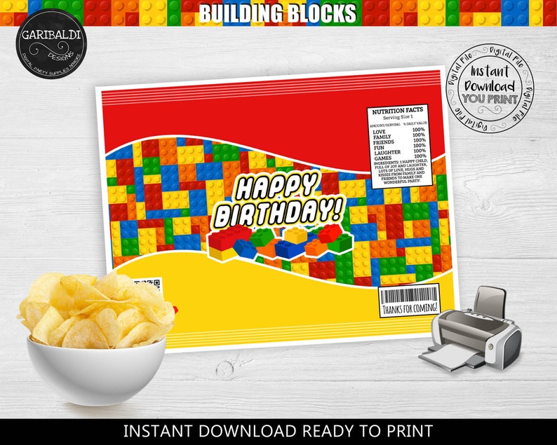 Printable Building Blocks HAPPY BIRTHDAY Chip Bags Building Blocks Chip bags Building Blocks Party Supplies Building Blocks Favors BKBC afbeelding 2