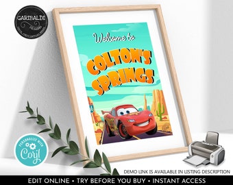 Editable Race Cars Welcome Sign Printable Radiator Springs Custom Board Cars Party Supplies Racing Party Decor Digital Download Corjl 2 DCR
