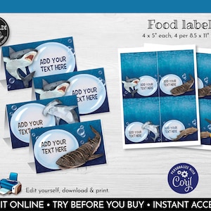 Editable Sharks Food Labels Instant Download Sharks Food Labels Printable Sharks Place Cards Sharks Birthday Party Supplies SH01