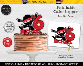 May include: Printable cake topper featuring a red number 6 and a black ninja cartoon character. The topper is personalized with the name "MICHAEL".