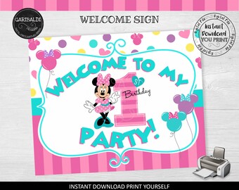 Minnie Geburtstags-Willkommensschild druckbare Minnie Fun 1 Geburtstag Party Zeichen Minnie 1. Geburtstag Willkommensschild Sofort-Download FTB1