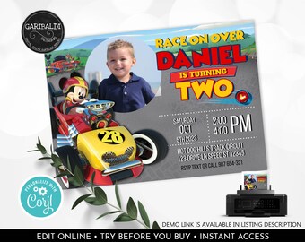 Editable Blue Roadster Racers Invitation Racing Party Invite Race Car Birthday Mickey Mouse ...