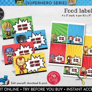 Editable Superhero Food Labels Instant Download Superhero Place Cards Superhero Birthday Party Superhero Food Labels Superhero Stickers SHAV