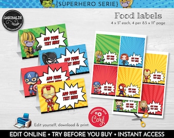 Editable Superhero Food Labels Instant Download Superhero Place Cards Superhero Birthday Party Superhero Food Labels Superhero Stickers SHAV