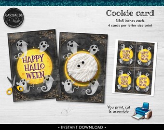 Tarjeta de galletas de Halloween imprimible, soporte de galletas fantasma imprimible, etiqueta de galletas de Feliz Halloween de descarga instantánea, mini tarjeta de galletas de 8,9 x 12,7 cm (HW)