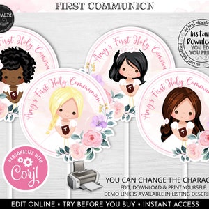 Editable First Communion Centerpieces, Printable First Communion Decorations, Pink Girl First Holy Communion Party Supplies 1 FC