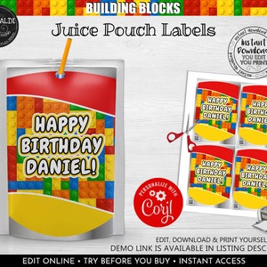 Building Blocks Juice Pouch Labels, Editable Building Blocks Juice Box Label, Instant download Building Blocks Birthday Party Favors BKBC