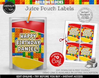 Building Blocks Juice Pouch Labels, Editable Building Blocks Juice Box Label, Instant download Building Blocks Birthday Party Favors BKBC
