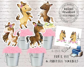 May include: Printable party favor boxes featuring cute cartoon horses with pink flowers. The boxes are designed to be assembled by the user. The text on the image reads "Instant Download You Print".