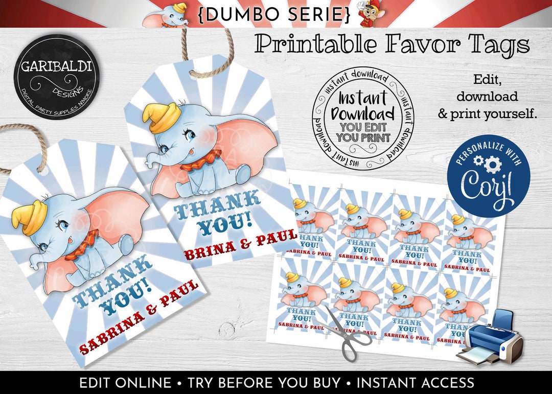 Editable Dumbo Favor Tags Baby Dumbo Gift Tag Instant Download Dumbo ...