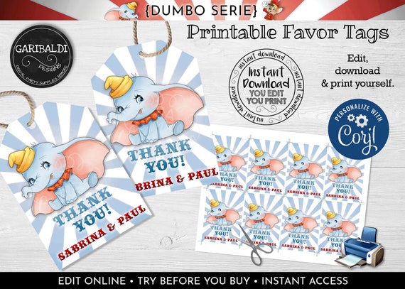 Editable Dumbo Favor Tags Baby Dumbo Gift Tag Instant Download - Etsy