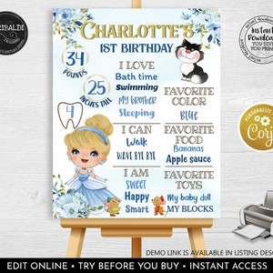 Editable Cinderella Milestone Board Once Upon a Time Princess Party Decor First Birthday Stats Poster Board Printable Corjl Template CP