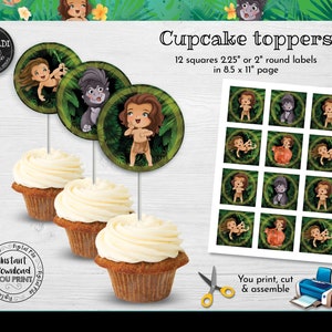 Jungle Boy Cupcake toppers Printable Wild one Birthday Party Decorations Jungle Party Supplies Safari Cupcake toppers Instant download TZN