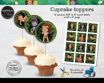 May include: Printable cupcake toppers featuring a jungle theme with a boy and a gorilla. The printable sheet includes 12 squares measuring 2.25 inches or 2 inch round labels. The sheet is 8.5 inches by 11 inches.