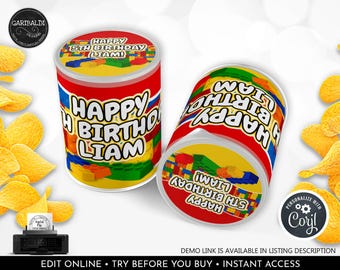 Editable Building Blocks Chip Can Wrapper Construction Bricks Birthday Party Favors Building Blocks Potato Chip Can Labels Printable BKBC