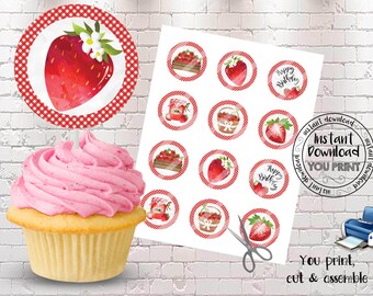 Printable Strawberry Cupcake Toppers, Strawberry Birthday Party, Strawberry DIY Party Decorations, Strawberry Favor tags, Berry Sweet Party