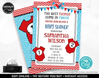May include: A red and blue baby shower invitation with a chevron pattern. The invitation says "The Best Things Come in Two's!" and features a red and blue onesie with the number 1 and 2. The invitation is for Samantha Wilson's baby shower.