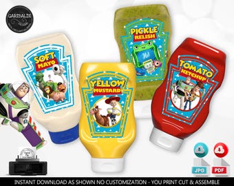 Toy Story Condiment Labels Printable Mayo Ketchup Mustard Relish Condiment Bottle Labels Birthday Party Supplies Decorations Download TS