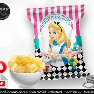 Alice in Wonderland Chip bag Wrapper Printable Wonderland Party Favors Instant Download Alice in Onederland Party Supplies AIW