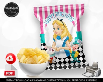 May include: Printable Alice in Wonderland themed chip bag template. The bag features a pink and white striped background with the words "Happy Birthday" in a white banner. Alice is pictured in the centre of the bag with the Mad Hatter and the White Rabbit. The bag is designed to be printed, cut, and assembled.