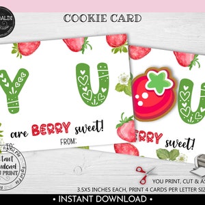Valentine's Day Cookie Card, You are BERRY Sweet Valentine Cookie Card, Instant download Strawberry Tag, Printable Mini Cookie Card VL