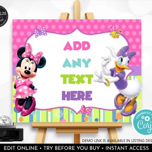 Editable Minnie and Daisy Custom Sign Printable Minnie&#39;s Bow-tique Custom Poster Board Table Party Supplies Decor Digital Download Corjl BWQ