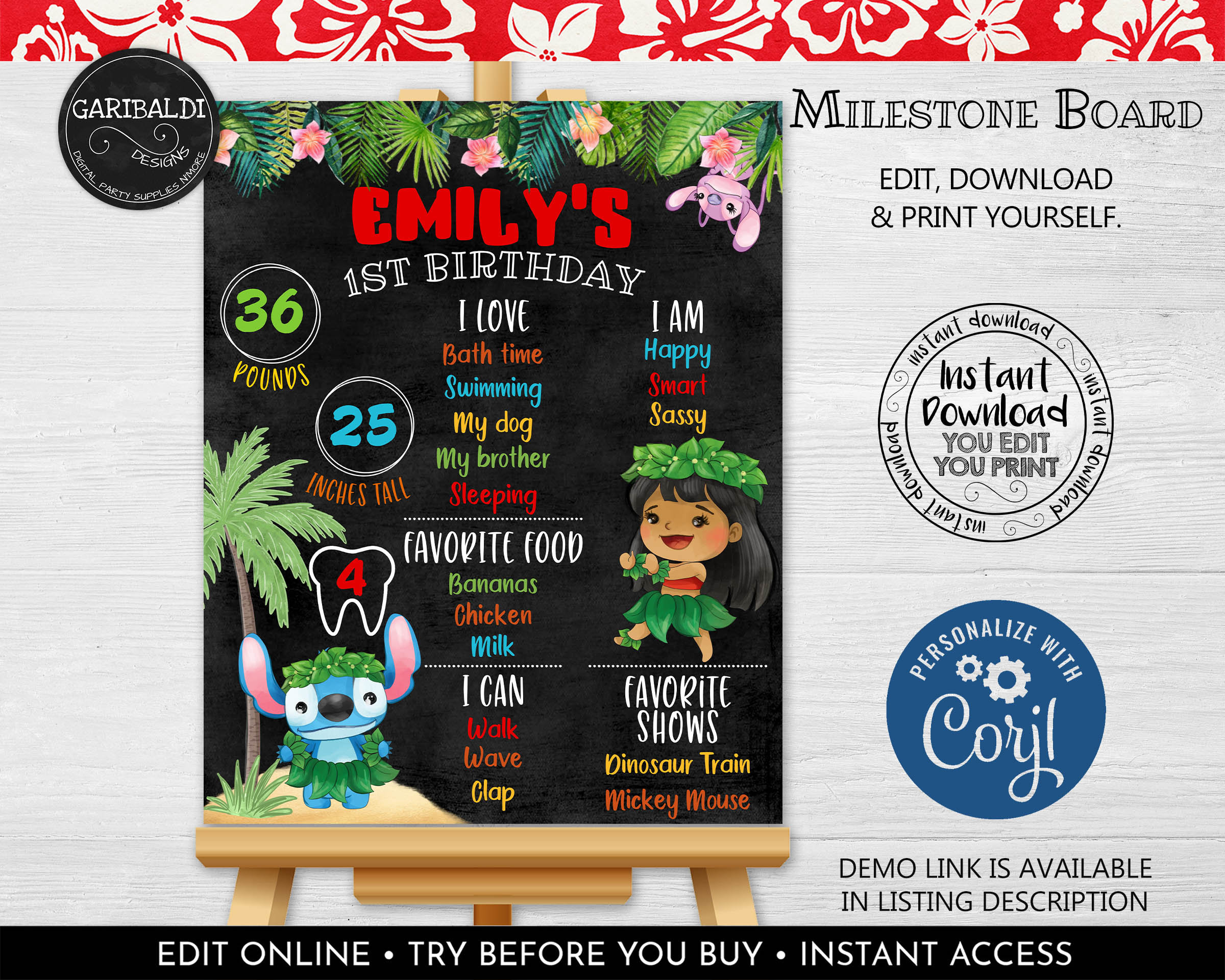 Lilo and Stitch II 5x7 in. Birthday Invitation - Instant Download and Edit  with Adobe Reader