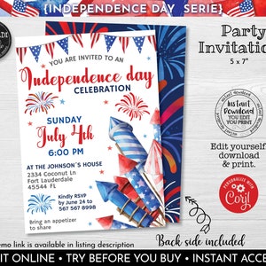 K&ouml;nnte beinhalten: Editierbare Einladungsvorlage f&uuml;r eine Independence Day Party mit einem Aquarelldesign aus Feuerwerk und Raketen. Die Einladung ist 12,7 x 17,8 cm gro&szlig; und enth&auml;lt den Text "You are invited to an Independence Day Celebration" und "Sunday July 4th 6:00 PM".