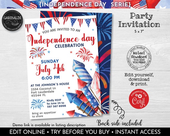 Editable 4th of July Invitation Fourth of July Celebration, Instant Download Independence Day Invite Red White & Blue USA Party Supplies