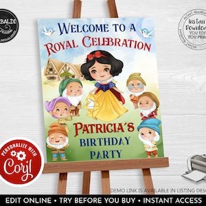Editable Snow White Welcome Sign Snow White Birthday Party Sign Princess Party Printable Welcome Sign Seven Dwarfs Baby Shower Party Sign WS