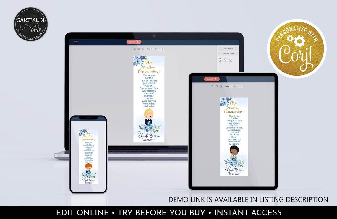 Editable First Holy Communion Bookmarks Template Printable Floral Blue ...