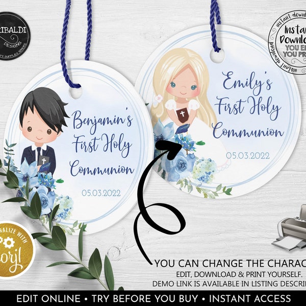Editable First Communion Labels Printable Blue Flowers Girl Boy First Holy Communion Tags Personalized Decorations Party Supplies Digital FC
