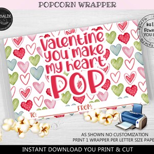 You make my heart pop Valentine&#39;s Day Popcorn Wrapper Printable Valentine&#39;s Day Microwave popcorn wrap Valentines day Party Favors VL